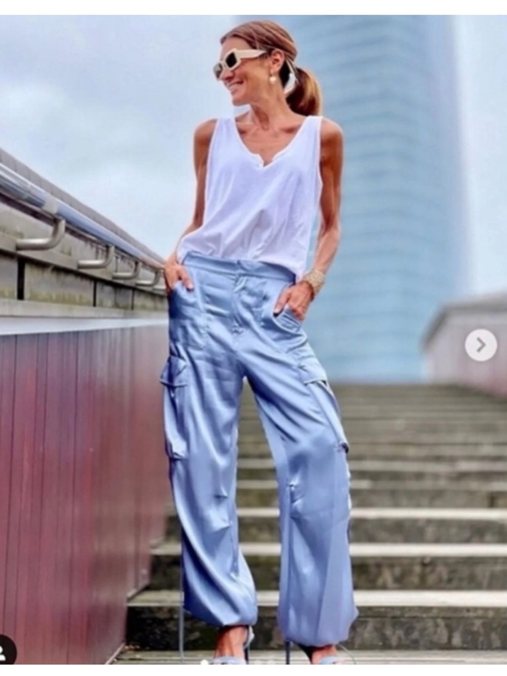 Zara Satin Effect Cargo Pants in baby blue NWOTS